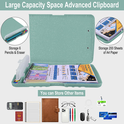 HWPRATO Glitter Clipboard with Storage, Clip Boards 8.5x11 with Pen Holder, Binder Clipboards with Low Profile Clip Heavy Duty Plastic Nursing Clipboard Folder Side Opening (Glitter Grayish Green)