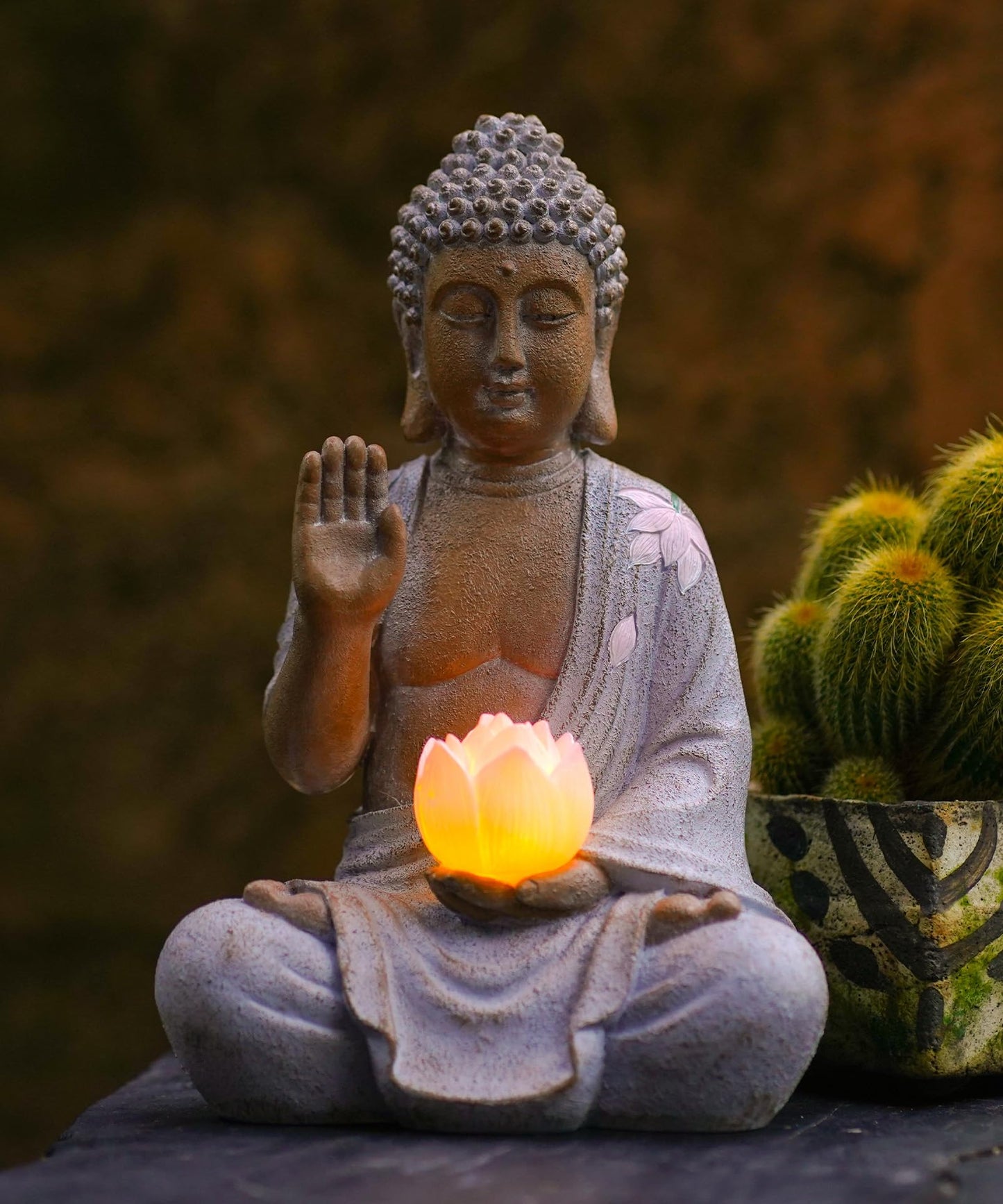 Nacome Solar Buddha Garden Statues with Lotus Flower: Resin Zen Decor Waterproof Sculpture Outdoor Light Design for Outside Patio Lawn Yard Balcony - 10.6 inches(White)