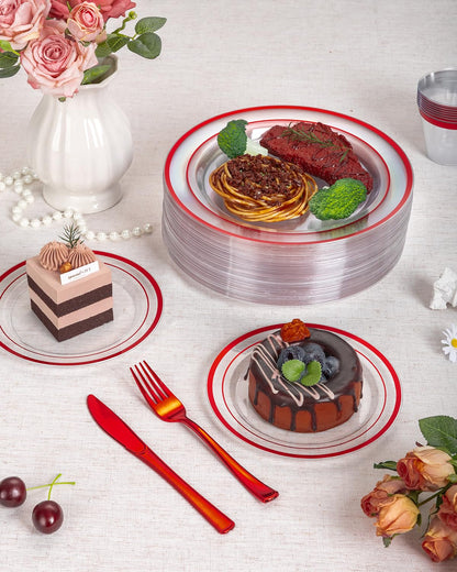 Goodluck 175 Pcs Red Plastic Plates, Clear Plastic Silverware Disposable Plates Set, Include 50 Plates, 25 Pack Pre Rolled Napkins with Silverware, 25 Cups for Party, Christmas, Graduation, Wedding