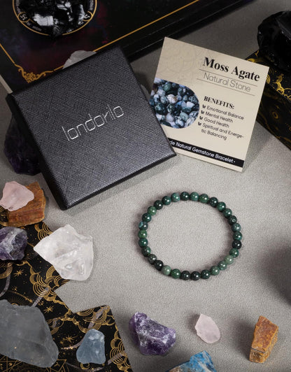 Landorilo Beaded Bracelet for Men Women, 6mm Natural Stone Moss Agate Healing Crystal Stretch Bracelets, Ideal Christmas Birthday Jewelry Gifts with Energy Card，Replacement Beads Included