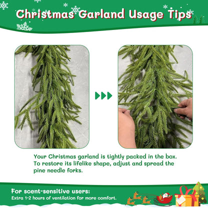 Findosom 6Ft Christmas Norfolk Pine Garland, Real Touch Artificial Winter Green Pine Garland for Mantle, Wall, Fireplace, Stairs, Table, Indoor & Outdoor Christmas Decorations