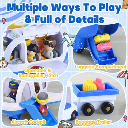 PLAY Airplane Toy for Kids - Toddler Airplane Toys Travel Plane Toys for Kids 2+ Years Old with Small Figures & Baggage Carrier, Musical Toy Airplane with Lights for Boys Girls Gifts Birthday (Blue)