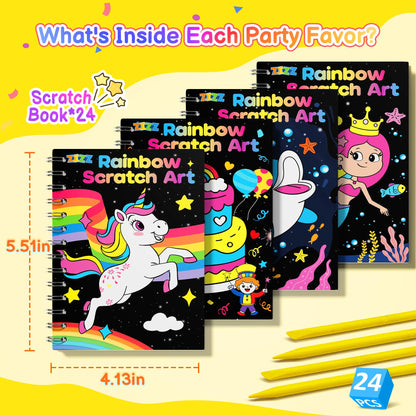 ZIZZ Scratch Art Party Favors for Kids 4-10: 24 Pack Rainbow Scratch Notebooks Gifts Kits - Mess Free Coloring Books Birthday Goodie Bags Stuffers School Classroom Travel Games for Girls Boys Toddler