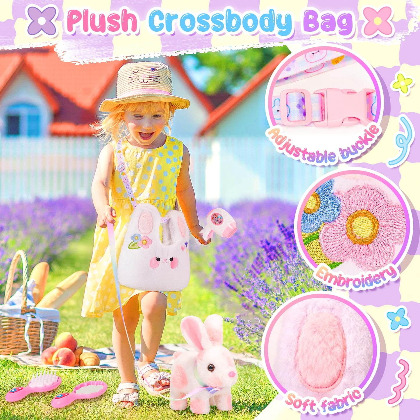 NINAOR Easter Hopping Bunny Toy for Kids with Crossbody Bags, Interactive Wiggle Ears Rabbit Toy for Girls Trip Pretend Play Robot Pet Care Cute Stuff Plushies Birthday Gifts Easter Basket Stuffers