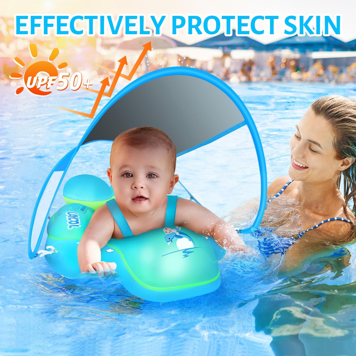 Upgraded No Flip Over Baby Pool Float, Baby Float with Canopy UPF50+, Inflatable with Double Air Chambers,Five Safety Protection Anti-flip Safe, Baby Swimming Float with 2 Tail for 6-36 Months(Blue L)