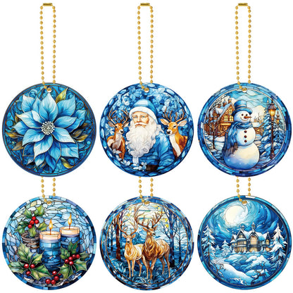 Vercraft 6 Pcs Winter Hanging Ornament Snowman Glass Style Christmas Tree Decoration Xmas Round Window Hanging Art Santa Claus Acrylic Ornament Deer Christmas Decorations
