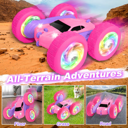 FDCTR Remote Control Car, RC Cars for Girls, 2.4 GHz Double Sided RC Crawler with Upgraded USB-C Modular Battery, 360°Rotating Car Toys for 6 7 8 9 10 11 12 Year Old Girl Birthday Gift Pink-Purple