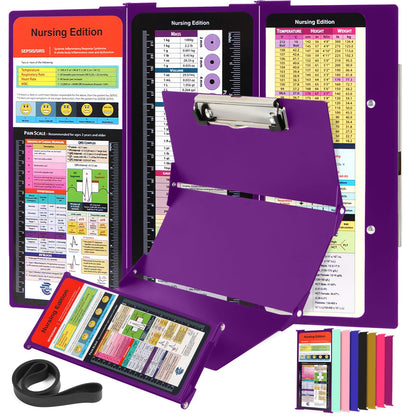 Nursing Clipboard with Nursing and Medical Edition Cheat Sheets 3 Layers Aluminum Foldable Nurse Clip Board Nursing Student Essentials - Foldable Clipboard Nursing Nursing School Essentials (Purple)