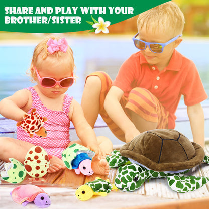 Aoriher 6 Pieces Sea Turtle Stuffed Animal with Babies 12" Mommy Stuffed Sea Turtle with 3 Little Plush 2 Plush Eggs Soft Pillow Tortoise Hugging Gifts for Kids Birthday Baby Shower Party(Modern)