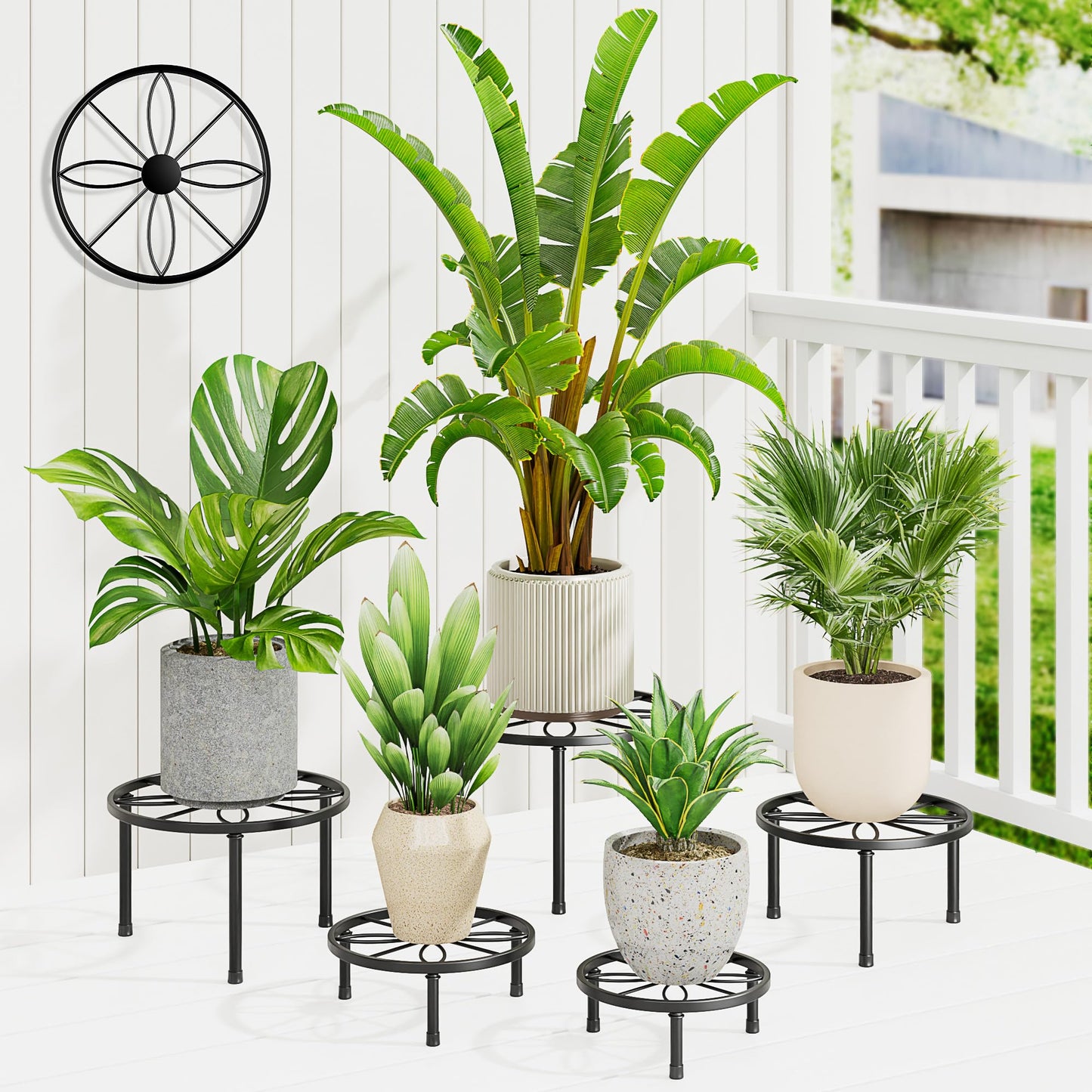 NQW 5 Pack Metal Plant Stand Indoor Outdoor,Indoor Plant Stands for Patio Rustproof,Heavy Duty Flower Pot Stands for Multiple Plant,Black Potted Plant Holder for Home(BlackLeaf)