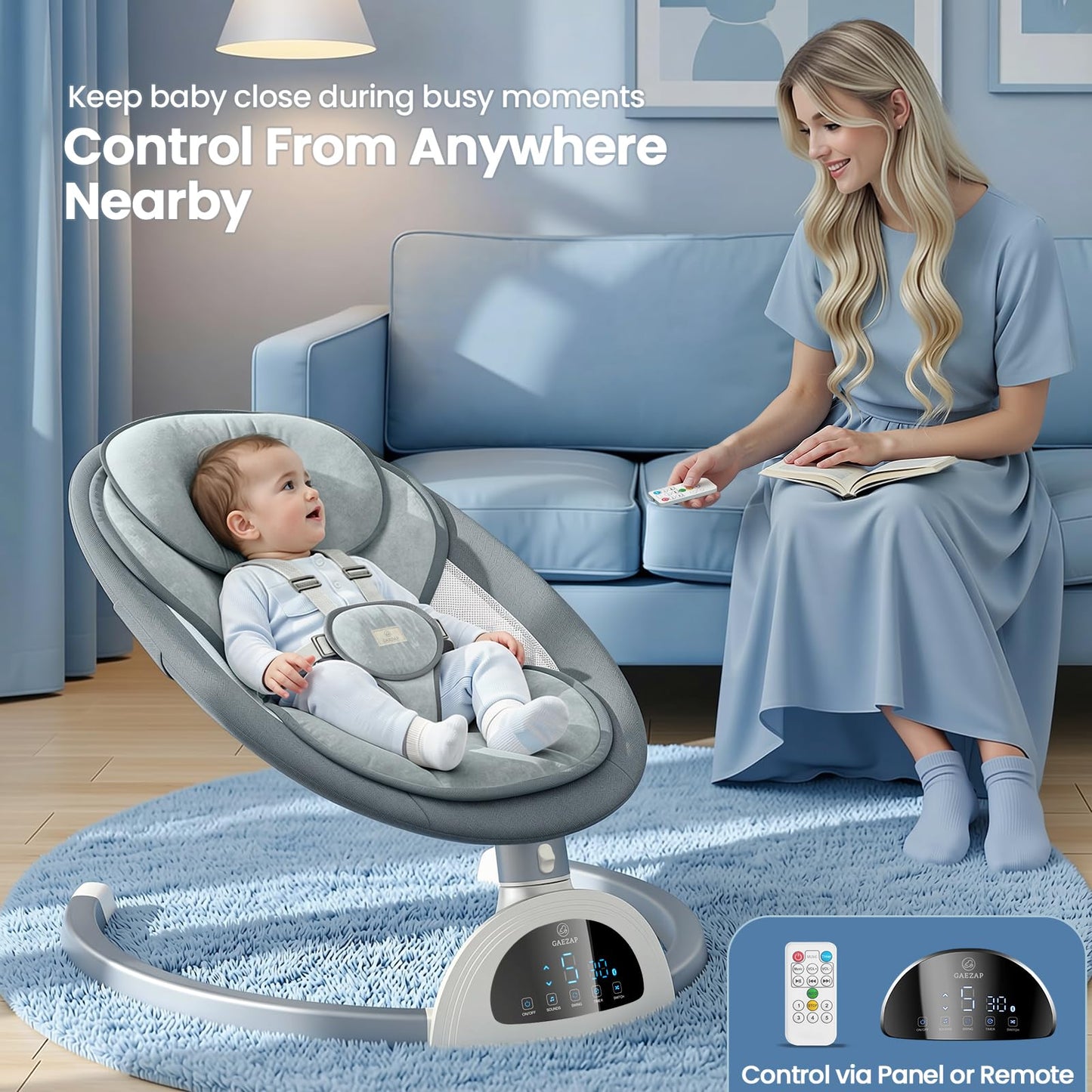 GAEZAP Electric Baby Swing for Infants, Portable Infant Swing with Music Speaker, 5 Swing Speeds, Remote Control, for Indoor Use, Newborn Boys & Girls, White