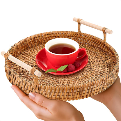 Rattan Tray 8.7-Inch Round – Woven Serving Basket with Handles – Holidays Romantic Decorative Tray for Coffee Table, Bread, Fruit, Vegetables, Restaurant & Home Use Charming Styling Coffee Table Decor