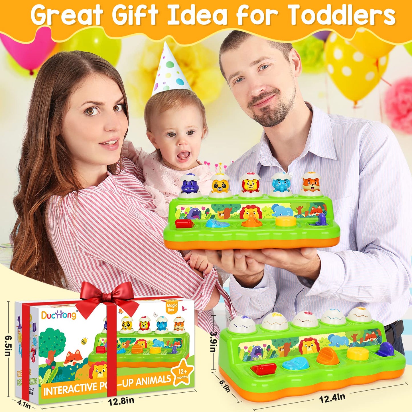 Duchong Toys for 1 Year Old Boys Girls, Interactive Pop up Toy with Music & Light, Early Learning Musical Toys for Toddlers 1-3, Birthday Gifts for Babys Infants 6-9-12-18 Months