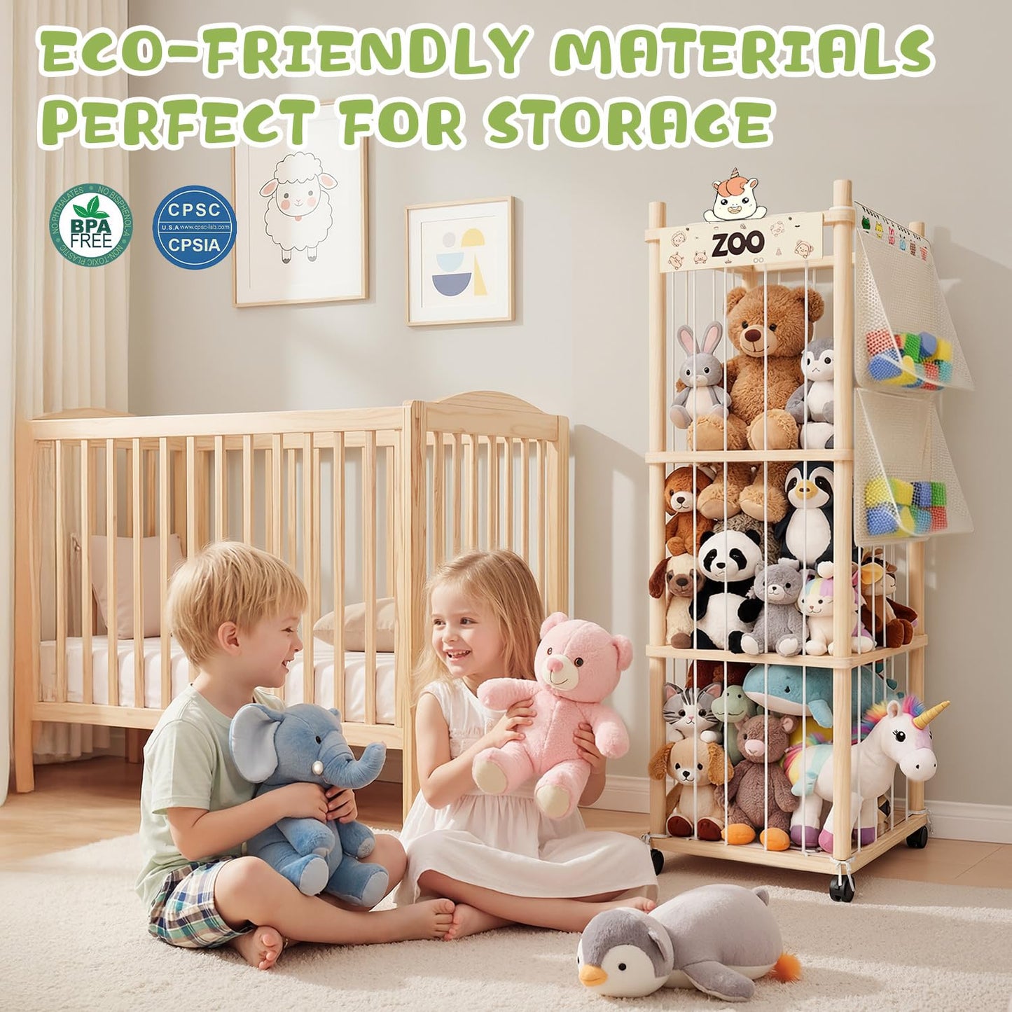 Nynicorny Stuffed Animal Storage Zoo Tower, Wooden Toy Organizer with Wheels, 56inch Large Cute Stuffy Holder & Plushie Storage Bag, Premium Wooden Material For Toddler Rooms, Playrooms & Bedrooms