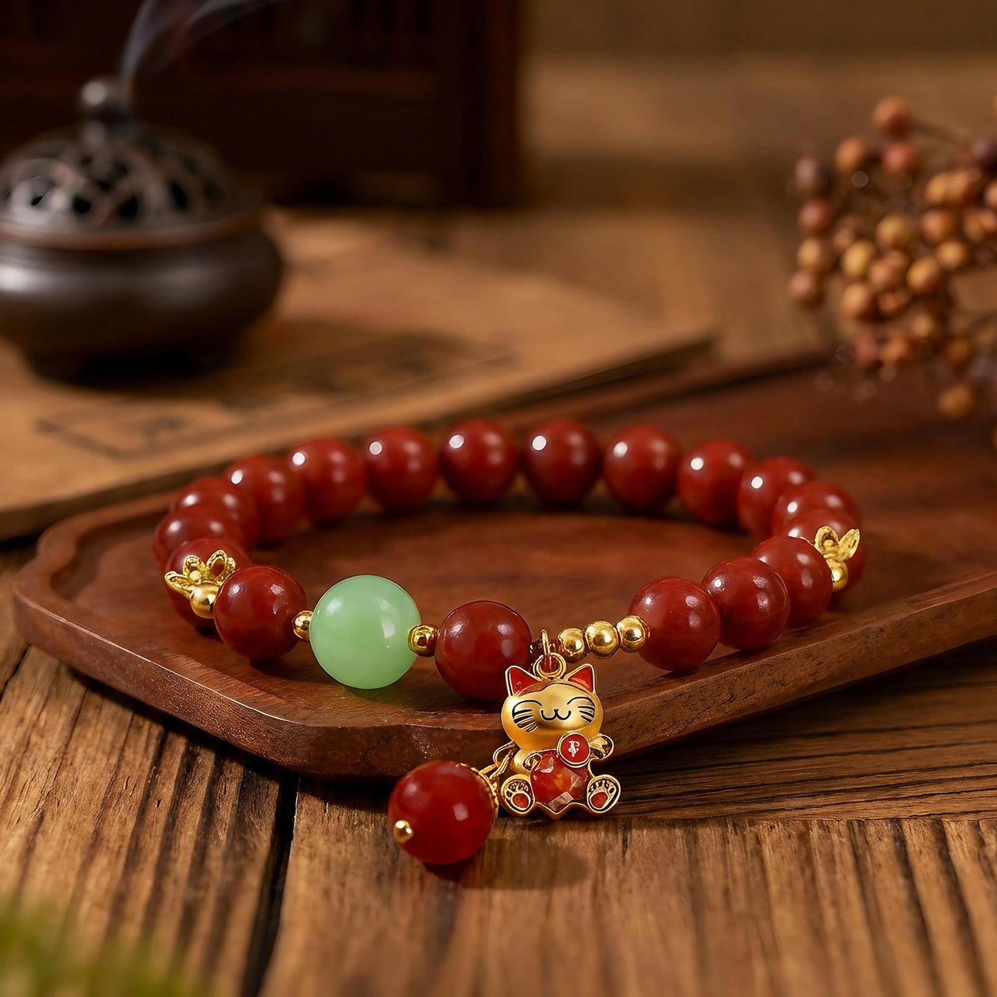 Buddha Stones Mothers Day Gifts 8mm Red Cinnabar Bracelet for Women, Feng Shui Lucky Cat Charm Bracelet with Jade, Healing Bracelets Attract Wealth and Good Luck, Stretch Bead Jewelry