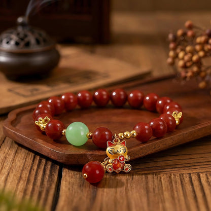 Buddha Stones Mothers Day Gifts 8mm Red Cinnabar Bracelet for Women, Feng Shui Lucky Cat Charm Bracelet with Jade, Healing Bracelets Attract Wealth and Good Luck, Stretch Bead Jewelry