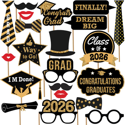 KatchOn, Graduation Photo Booth Props 2026 - Pack of 21 | 2026 Photo Props for Black and Gold 2026 Graduation Decorations, Graduation Party Decorations, Graduation Photo Booth Props, Grad Party Decor