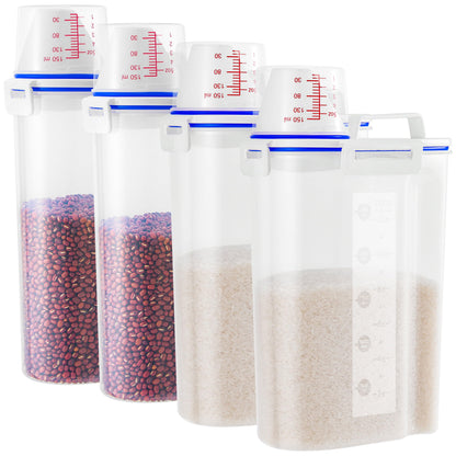 HNNJCK 4 Pcs Set Rice Storage Container 5.5lb, Rice Dispenser with Measuring Cup & Pour Spout for Flour Pasta Grain Pet Dog Cat Bird Food Storage Container