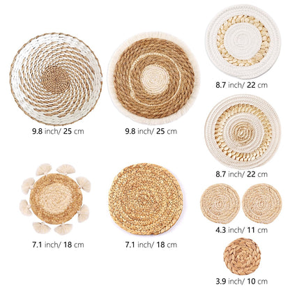 9 Pack Boho Wall Basket Set, hanging Woven Wall Basket Decor, Seagrass Rattan Wicker Boho Wall Decor, Eco-Friendly Round Art for Farmhouse Bedroom Living Room Display Table Settings Kitchen Home