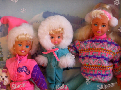 BARBIE WINTER HOLIDAY Set SLEDDING FUN w 4 DOLLS (Skipper, Kelly, Stacie & Barbie), Koko (Dog), SLED & More (1995)