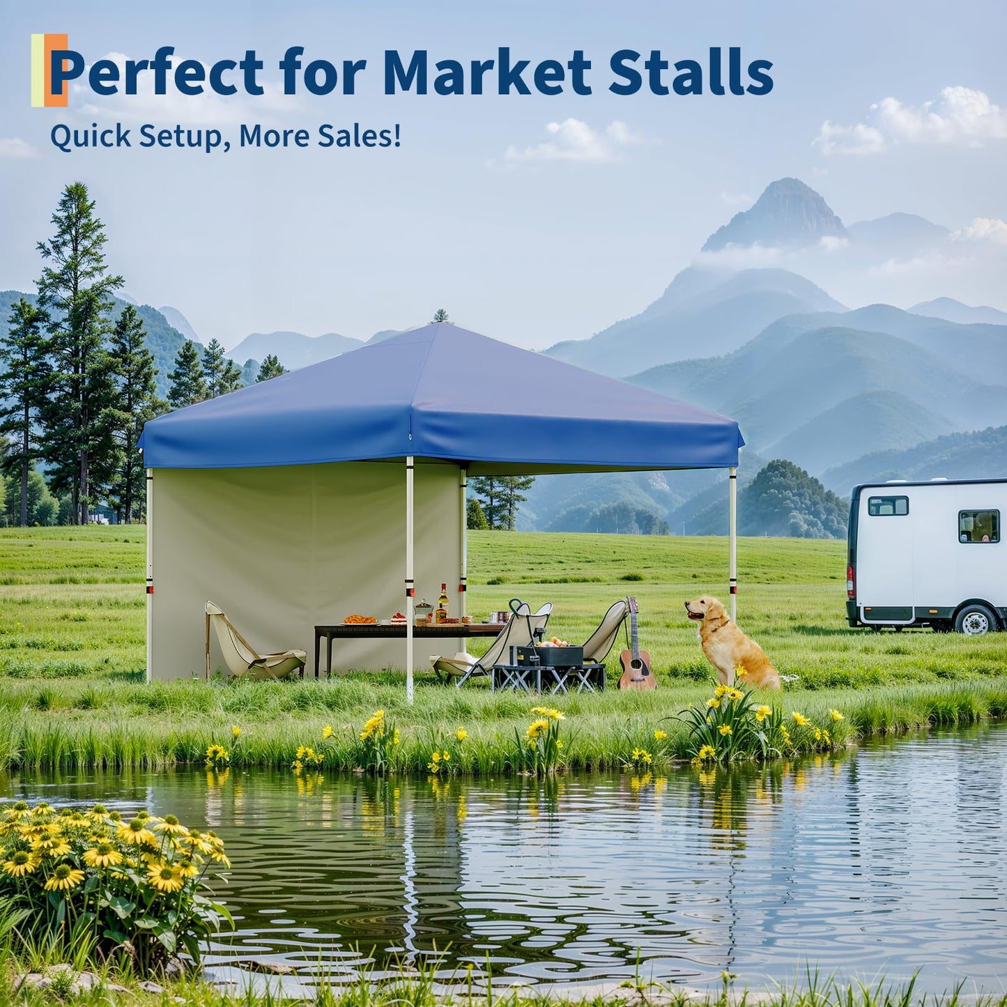 GarveeLife 10x10 Pop Up Canopy with 4Pcs Sidewalls Easy Up Camping Tent with One Button Push Setup 1 Roller Bag 3 Adjustable Height 4 Weight Bags (Blue)
