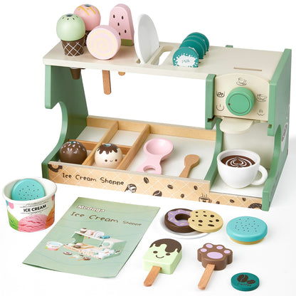 Wooden Ice Cream Toy, 3-in-1 Ice Cream Counter with Coffee Maker 28 PCS Toddler Pretend Play Kitchen Accessories Wooden Toys for 3 4 5 6 Year Old Girl or Boy (Ice Cream)