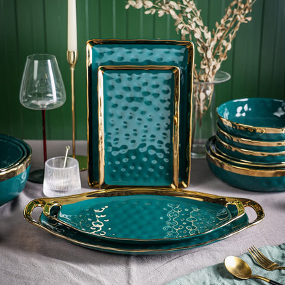 Stone Lain Florian Porcelain Large and Medium Oval Platters with Handle, Service Set, Green with Gold Rim