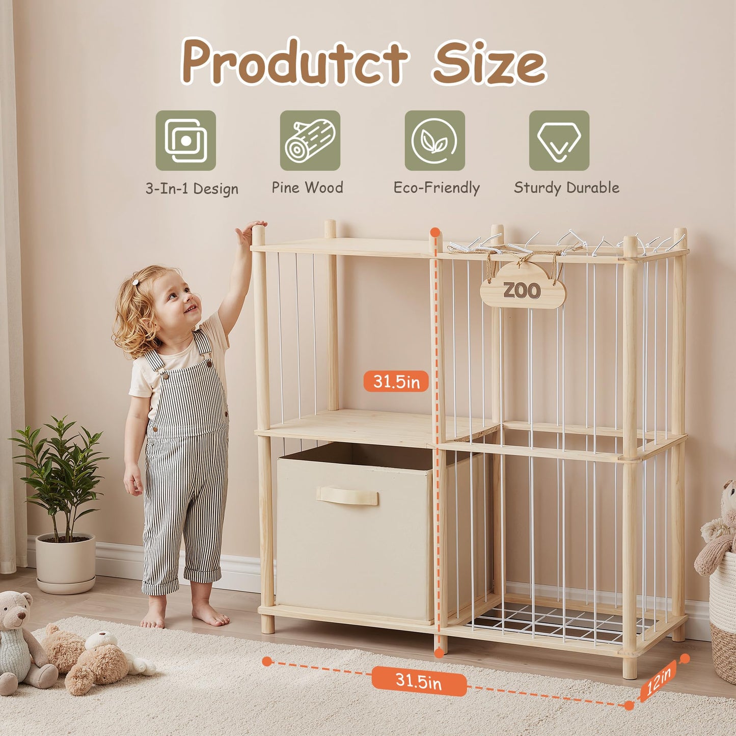 LAMU Stuffed Animal Storage and Kids Bookshelf, Wooden Toy Organizer with Large Toy Box Chest, Kids Bin Shelf Toys Box Bookcase, Stuffed Animal Zoo Holder for Bedroom Playroom Nursery