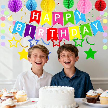 XXFBJNMD Colorful Birthday Banner with Honeycomb Balls, Stars, Swirl Streamers, Circle Dots Garland for Birthday Party