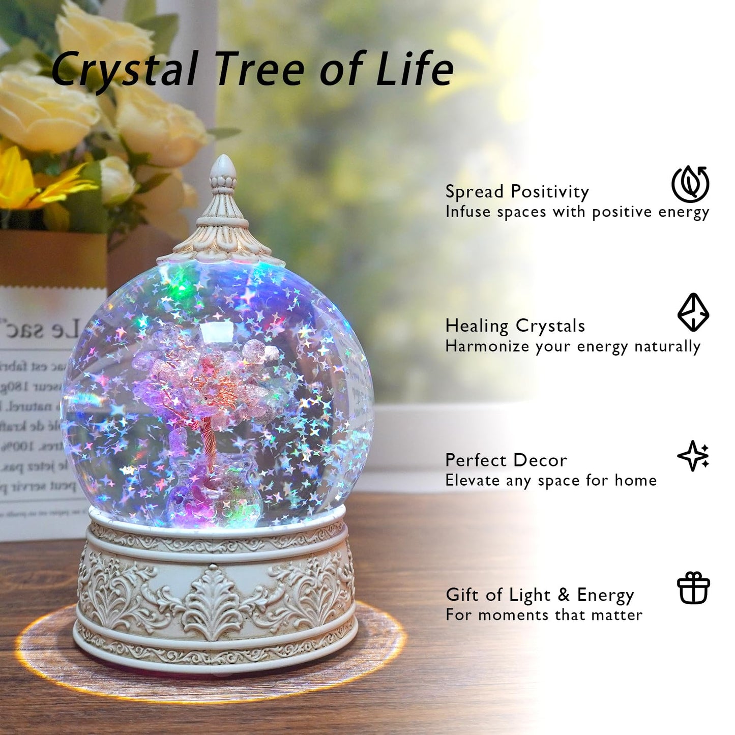 Strawberry Quartz Healing Crystal Tree Globe Colorful Lights and Glitter, Natural Gemstone Base, Spiritual Meditation, Positive Energy Good Luck, Home Decor, Birthday Gifts (Strawberry Quartz)
