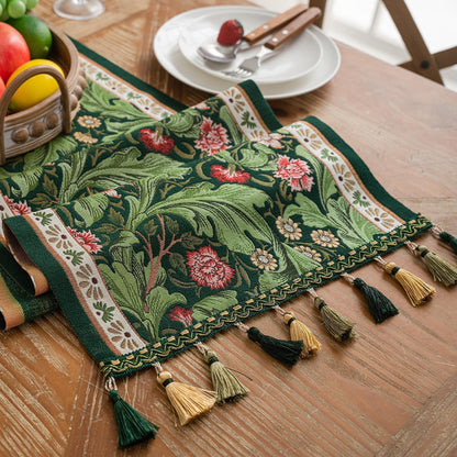 QGenuine Floral Table Runner with Tassel Edges, Cotton Blend Decorative Runner for Dining Table, Spring Table Decor