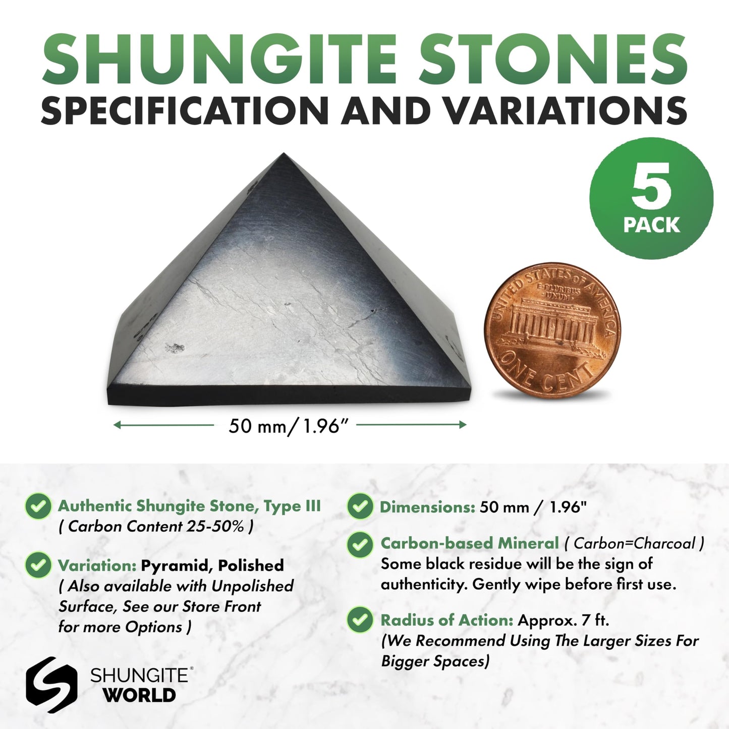 Shungite World 5 pcs Authentic Shungite Pyramid Polished 50 mm / 1.96" Chakra Energy Natural Healing Crystal Real Black Pyramid Home Office Protection Desk Decor Meditation Reiki Grounding Stone