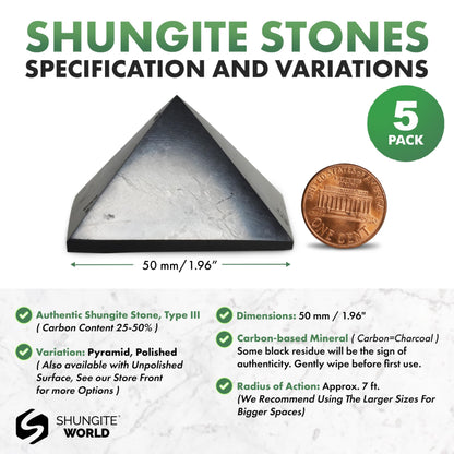 Shungite World 5 pcs Authentic Shungite Pyramid Polished 50 mm / 1.96" Chakra Energy Natural Healing Crystal Real Black Pyramid Home Office Protection Desk Decor Meditation Reiki Grounding Stone