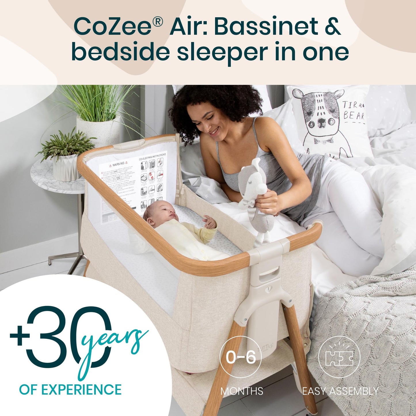 Tutti Bambini CoZee® Air Baby Bassinet & Bedside Sleeper - Rocking Bassinet for Baby, Fast-Folding with Travel Bag, Deluxe Airflow Mattress & 6 Mattress Heights, 0-6 Months (Walnut & Ecru)