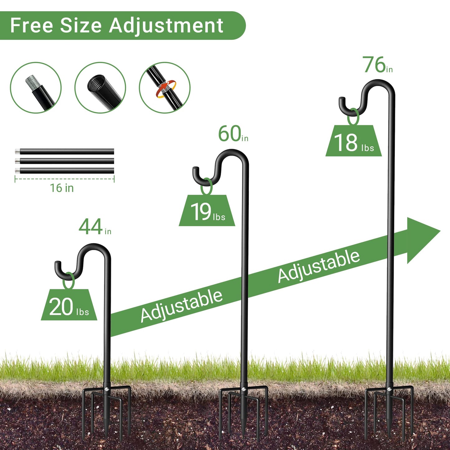 Surprizo 76" Shepherds Hooks for Outdoor, Extra Thick Bird Feeder Pole with 5 Prong Base, Adjustable Shepards Hook for Garden, Weddings, Hanging Plant
