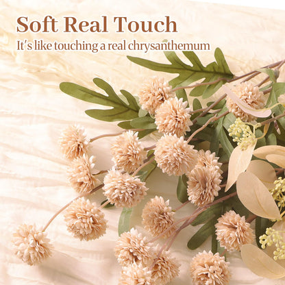 Alupssuc 16PCS Faux Silk Pompon Mums Artificial Flowers with Eucalyptus, Fake Chrysanthemum Floral for DIY Vase Arrangement, Long Stem Dining Table Centerpiece Home Decor, Beige