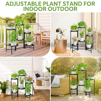 iDavosic.ly 6 Tier Large Plant Stand Indoor with 10 Inch Wide Tray, Tiered Corner Metal Outdoor Flower Display Holder Shelf, Folding Tall Rack for Patio Porch Living Room, Modern Black