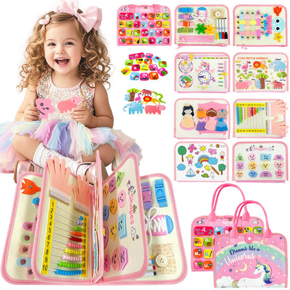 Aurasys Toddler Busy Board Montessori Toys for Girl Birthday Gift,Educational Learning Sensory Busy Book, Airplane Car Travel Activities Toy for Girl(Pink)