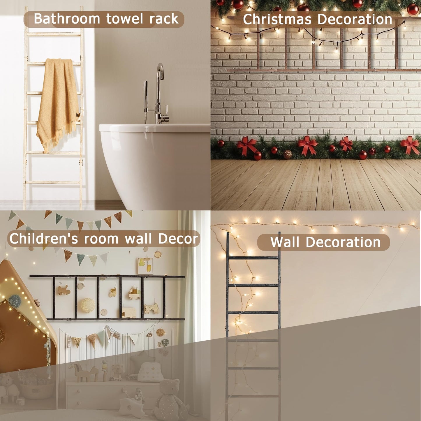 Blanket Ladder for The Living Room 6-Tier, Wooden Decorative Quilt Holder for Bed Room, Wall-Leaning Towel Rack for Bathroom，Rustic Farmhouse Ladders for Display. (White Wash)