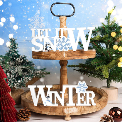 COCHIE Wooden Winter Let It Snow Sign, Snowflake Winter Decorations for Home, Office, Shelf, Mantel, Indoor, Blue White Wood Table Top Party Decor (White)