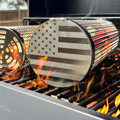 BigStep Large Capacity Round Grilling Baskets (2 Pcs) with Snap-Fit Latch - XL Grill Basket with USA Flag engraving - Includes Heat-Resistant Grilling Glove and Lifting Hook