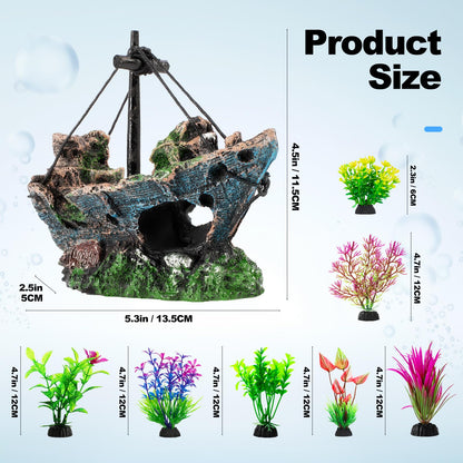 Xereooe 8Pcs Fish Tank Decorations Set Sunken Ship Decoration,Resin Material Fish Tank Accessories Accessories for Natural Look, Aquarium Shipwreck x 1pc, Aquatic Plants x 7pcs