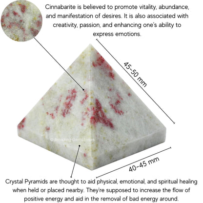 Amazing Gemstone Cinnabarite Pyramid Crystal Healing Stones - 2" Great Pyramid Figurine of Natural Stone Pyramid for Meditation, Reiki, Chakra Balancing and Crystal Pyramids Grid