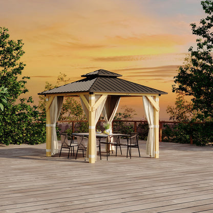 Garvee 10x10 Ft Wood Gazebo, Upgrade Spruce Frame and Double Galvanized Steel Roof, Hardtop Gazebo with Nettings and Curtains for Backyard, Patio, Garden and Lawn, Khaki