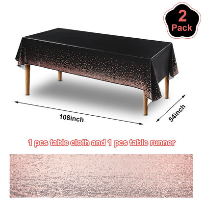 Irenare Tablecloth and Sequin Table Runner Set Polka Dots Confetti Table Cover Dining Plastic Tablecloths Glitter Decorations for Birthday Wedding Anniversary Party Supplies(Black, Rose Gold,2 Pcs)