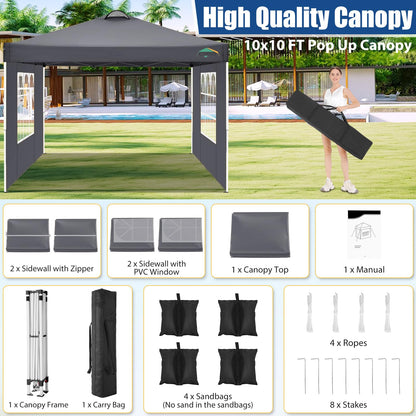 COBIZI 10x10 Pop Up Canopy Tent, One Push Outdoor Gazebo with 4 Removable Sidewalls & Air Vent, Waterproof Commercial Easy Up Adjustable Canopy with 4 Sandbags, 4 Stakes & 8 Ropes for Party,Grey