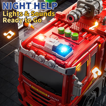 DULONIME Fire Trucks for Toddlers 1-3, Firetruck Toys for Toddlers 1-3 3-5, Folded Carrier Truck Race Track with 6 Racing Car Toys, Light Sound, Birthdays for Kids Girls Aged 3-9