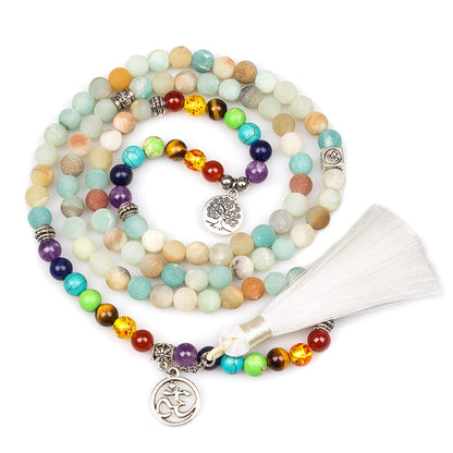 PWMENLK 108 Mala Beads Necklace 7 Chakra Buddhist Prayer Beaded Bracelet Tree of Life Pendant Stone Yoga Necklace(tassel amazonite)