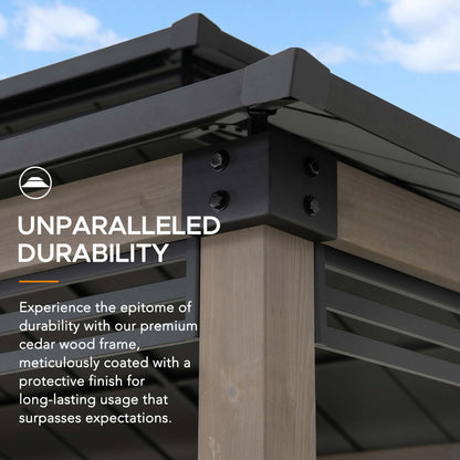 Sunjoy Wooden Grill Gazebo with Solar Power, 8 x 12 ft. Hardtop Gazebo for Year-Round Grilling, Outdoor Cedar Frame Cooking Shelter with Decorative Fence for Backyard BBQs Party, Black