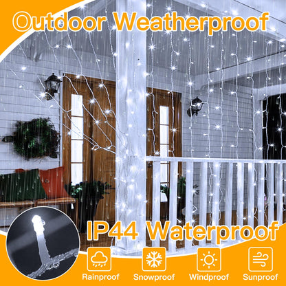 Ollny 300 LED 9.8ftx9.8ft Outdoor Waterproof Christmas Curtain Lights with Remote Timer 8 Modes, USB Powered, Cool White